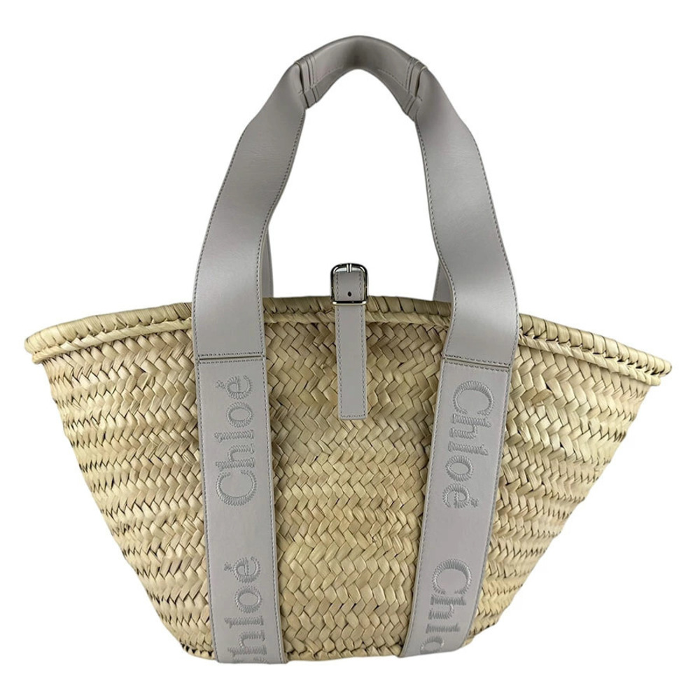 Chloe Sense Raffia Leather Tote Bag Basket Beige Cream Gray